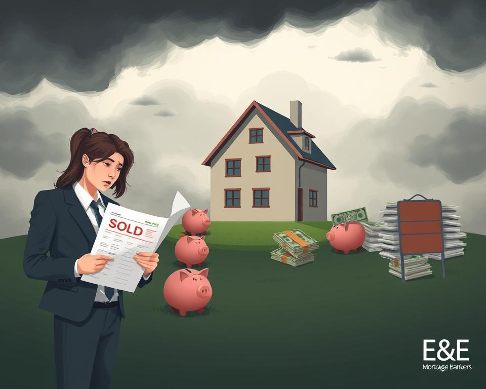 A conceptual illustration highlighting the disadvantages of a larger house deposit. In the foreground, depict a worried couple in professional business attire, examining a home budget sheet with expressions of concern. In the middle ground, show a house with a “SOLD” sign, surrounded by symbols of financial burden, such as a large piggy bank and bills stacked high. In the background, create a gloomy atmosphere with dark clouds, symbolizing financial pressure and uncertainty. Use soft, diffused lighting to give the image a serious, contemplative mood. The scene should be framed from a slightly elevated angle, providing a panoramic view of the couple and their financial worries, reflecting the challenges of a larger deposit. Include a subtle logo of "E&E Mortgage Bankers" in the corner to tie into the theme.