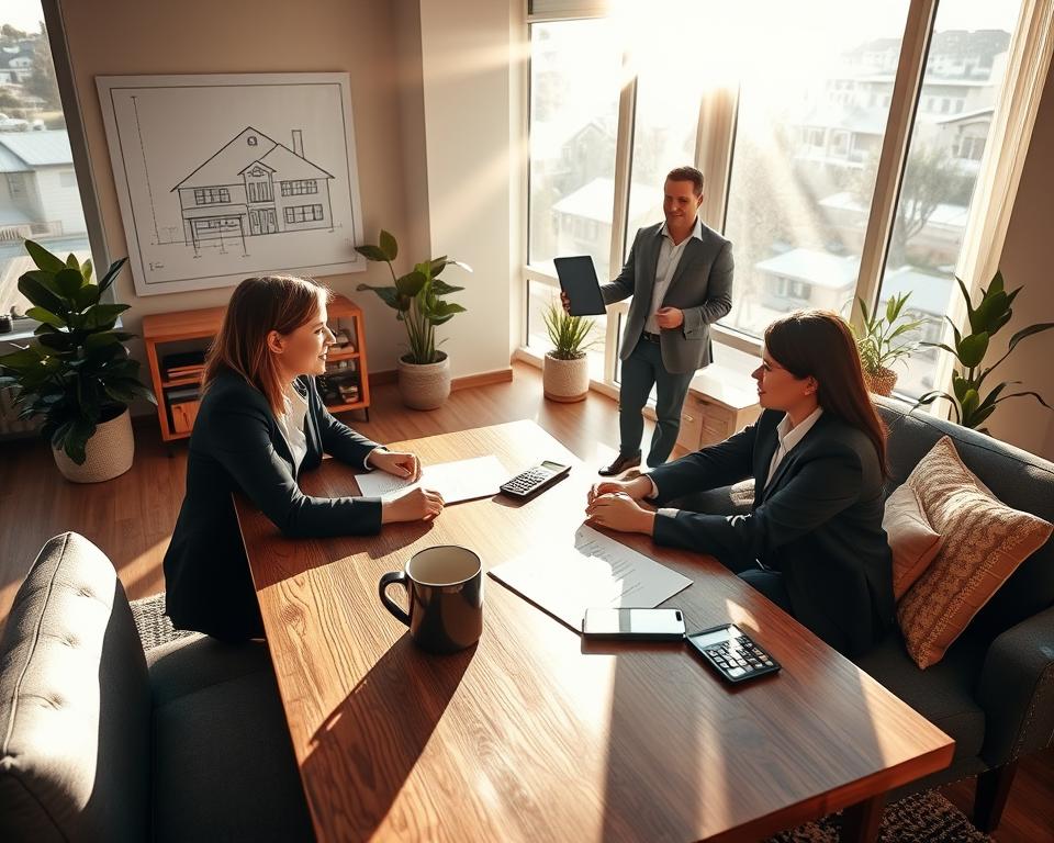 A cozy, modern living room scene depicting a couple seated at a stylish wooden table, engaged in a discussion about their home purchase options. They are dressed in professional business attire, exuding a sense of seriousness and optimism. The foreboding sunlight streams through large windows, casting warm rays across the room, which is decorated with houseplants and a large blueprint of a house on the wall. On the table, there are documents pertaining to down payments, calculators, and a coffee mug for an inviting, homey touch. In the background, a real estate agent stands, holding a tablet and showing graphs related to home financing, symbolizing the guidance provided by E&E Mortgage Bankers. The atmosphere is calm yet focused, promoting a feeling of informed decision-making.