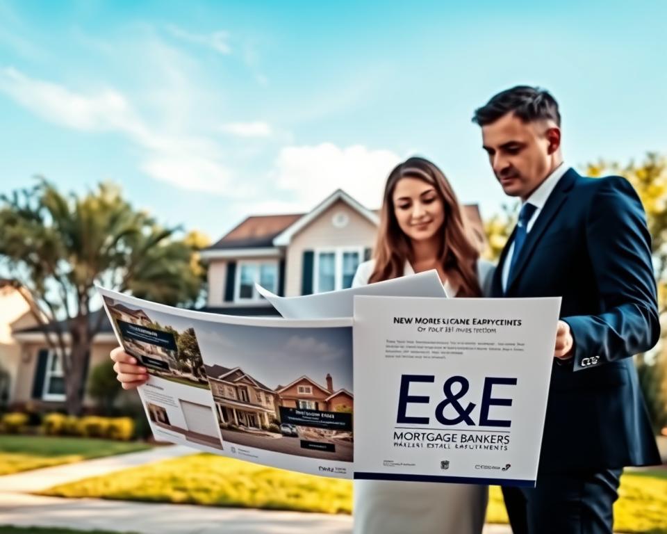 A modern real estate investment scene showcasing a beautifully staged residential property. In the foreground, a professional couple in business attire is analyzing a property brochure, with a laptop open to a financial projection. In the middle, the house features a charming architecture with a landscaped front yard, large windows, and an inviting entrance. In the background, a clear blue sky with soft sunlight filters through trees, casting pleasant shadows. The atmosphere is optimistic and conducive to investment, evoking a sense of opportunity. The scene is captured with a wide-angle lens to provide a comprehensive view, highlighting the details of both the couple and the property. Incorporate the brand name "E&E Mortgage Bankers" subtly in the design elements of the property brochure, ensuring no text overlays directly in the image.