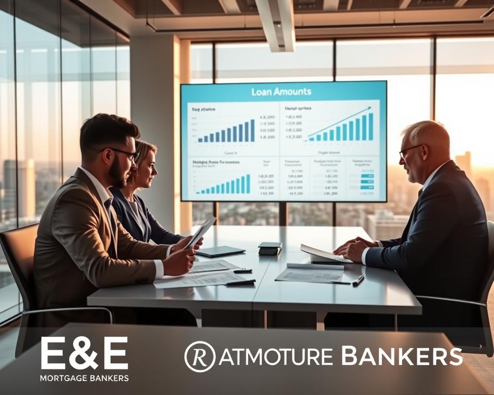A professional and informative scene depicting the concept of loan amounts being determined in property financing. In the foreground, a diverse group of three professionals—two men and one woman—are gathered around a modern conference table, engaged in discussion and examining financial documents. All are dressed in smart business attire. The middle ground features a large digital screen displaying key metrics and graphs related to loan amounts, with highlighted figures. In the background, a sleek office environment with floor-to-ceiling windows shows a city skyline, bathed in soft, warm afternoon light that creates a positive and collaborative atmosphere. The overall mood reflects professionalism and teamwork, emphasizing clarity in financial decision-making. Include the logo of "E&E Mortgage Bankers" subtly integrated into the scene, ensuring a clean and polished look.