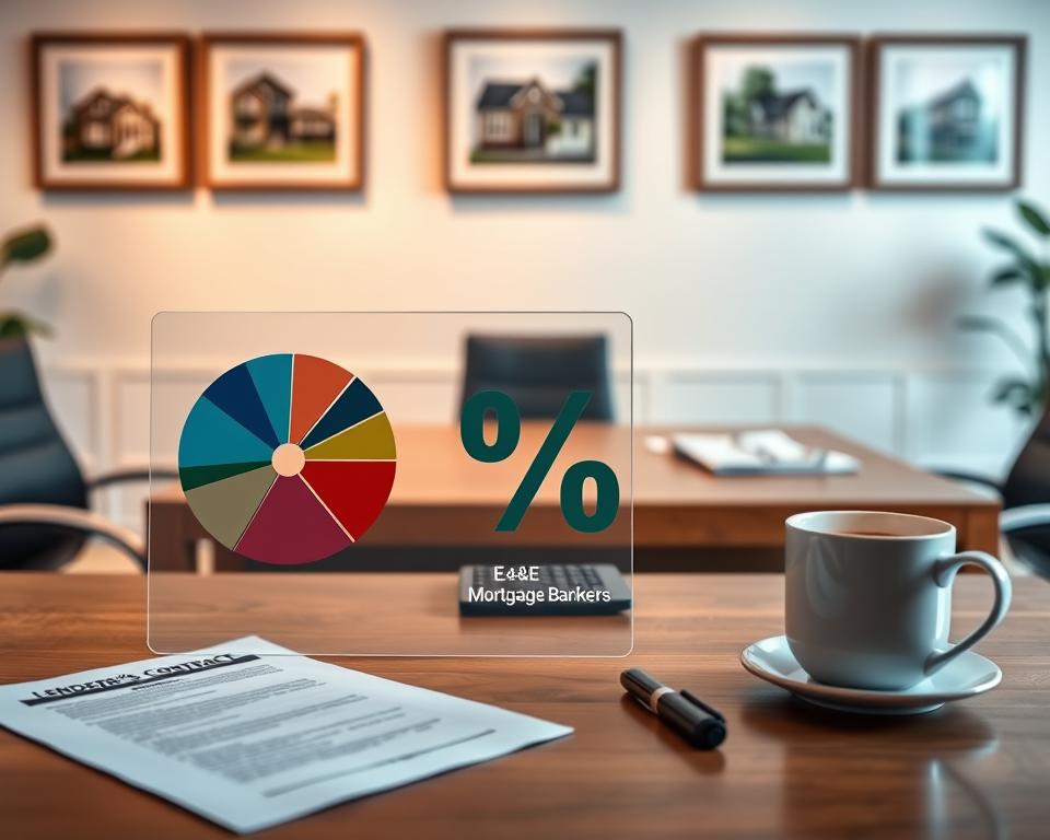 A professional setting illustrating the concept of "mortgage deposit percentage." In the foreground, a detailed infographic showcasing a percentage symbol composed of colorful pie charts, with varying sizes indicating different deposit amounts. In the middle ground, an elegant wooden table featuring a lender's contract, a calculator, and a coffee cup, symbolizing a meeting environment. The background is a softly lit office space with framed pictures of residential homes and financial documents on the walls. Warm, inviting lighting creates a calm atmosphere, emphasizing trust and professionalism. Lens focus is sharp on the infographic, with a slight blur on the background for depth. Include the brand name "E&E Mortgage Bankers" subtly on the table, ensuring a polished, corporate look.
