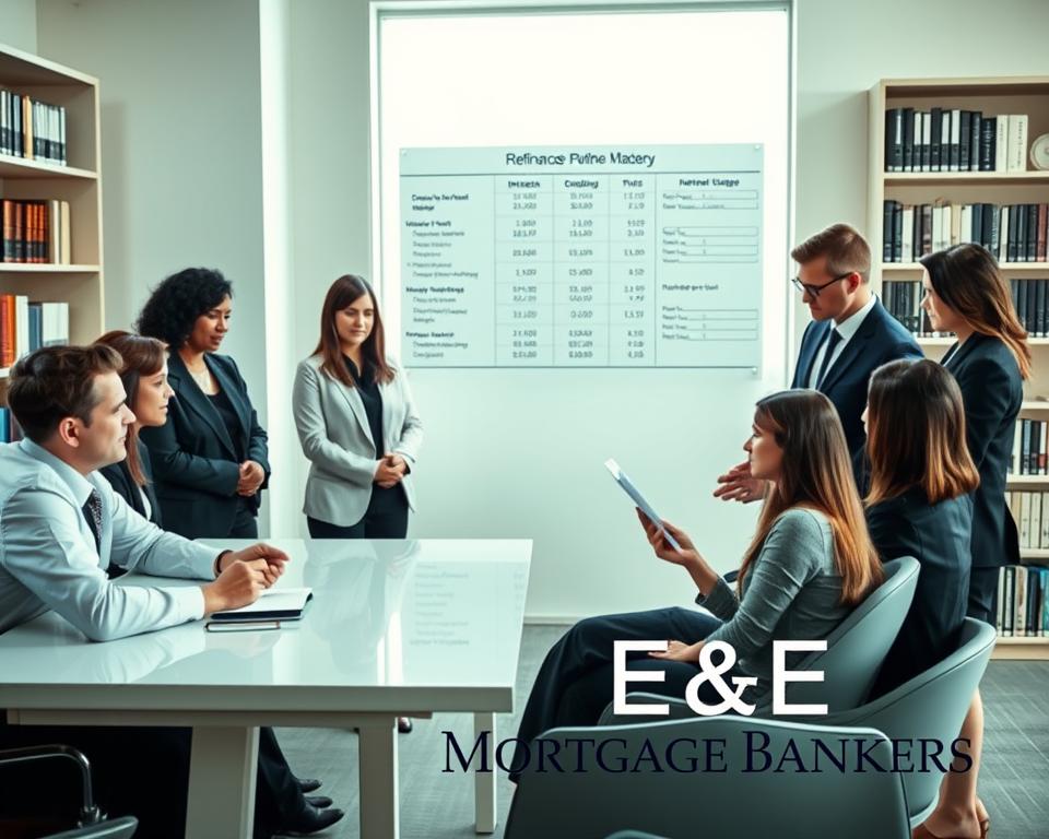 A professional setting in an office showcasing a refinancing process. In the foreground, a diverse group of financial advisors in business attire, discussing mortgage options with a couple comfortably seated at a sleek desk, examining documents. The advisors look engaged and knowledgeable, reflecting trust and professionalism. In the middle, a large window lets in natural light, illuminating the space and highlighting a chart displaying interest rates and mortgage terms on the wall. In the background, shelves filled with books on finance and real estate create an academic atmosphere. The overall mood is focused and optimistic, conveying opportunity and financial empowerment. The brand "E&E Mortgage Bankers" is tastefully integrated into the office design, ensuring brand clarity without dominating the scene.