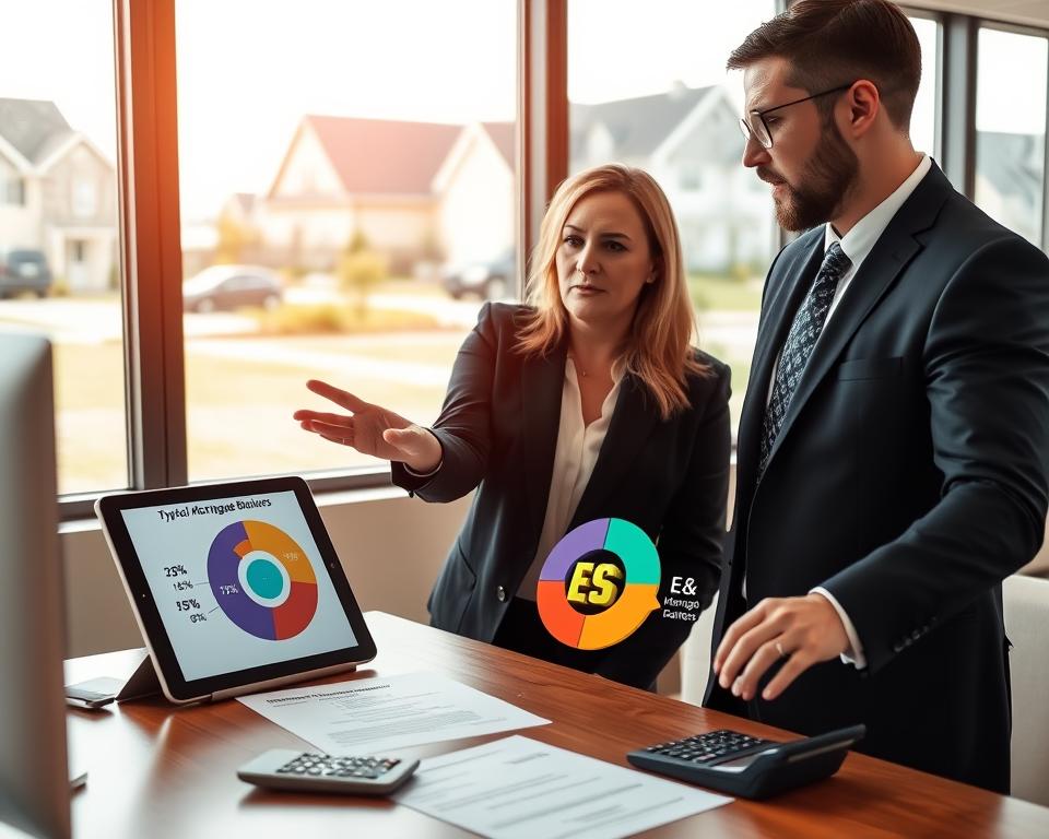 A professional workspace setting featuring a real estate agent and a client discussing mortgage down payment requirements. In the foreground, the agent, dressed in a smart business attire, gestures toward a pie chart displaying typical deposit percentages of 3%, 5%, and 20%, illustrated on a tablet. The client, also in professional attire, looks engaged and contemplative. The middle ground includes a desk with mortgage documents and a calculator, adding context. In the background, large windows let in warm, natural light, creating an inviting atmosphere. A clear view of a suburban neighborhood outside hints at homeownership. Include the brand name "E&E Mortgage Bankers" subtly placed on the tablet screen. The overall mood should be informative and professional, reflecting the seriousness of mortgage planning.
