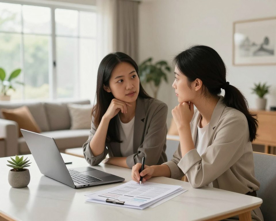 A serene scene depicting a couple sitting at a modern dining table, engaged in thoughtful discussion about home buying. The foreground shows documents and a laptop open to a mortgage calculator, alongside a small decorative plant. In the middle, the couple, dressed in professional business attire, looks at each other, their expressions a mix of hope and contemplation. The background reveals a cozy living space with light streaming through large windows, illuminating a bright and airy atmosphere. Soft, natural lighting highlights the warm colors of the room, creating a sense of possibility and optimism for the future. Featuring a subtle branding element of "E&E Mortgage Bankers" in the corner of the scene, reinforcing the focus on home buying.