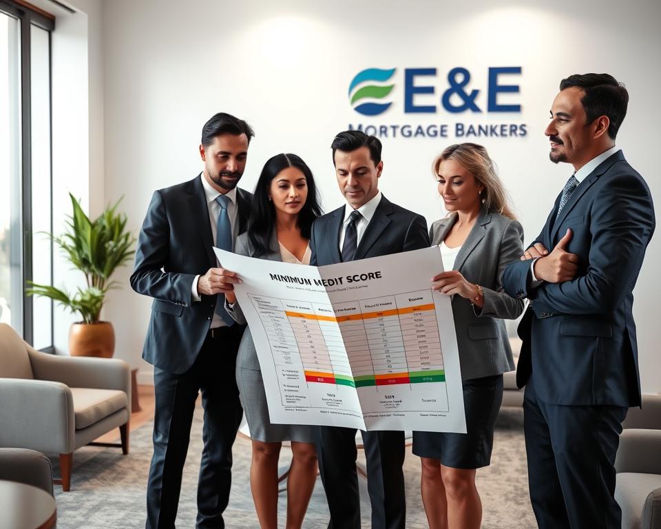 A visually engaging image illustrating the concept of "minimum credit score for home loan". In the foreground, a diverse group of three professionals in business attire, standing together with focused expressions, examining a large document that features a visual representation of credit scores, specifically highlighting a minimum credit score threshold. In the middle ground, a modern office setting with elegant furniture and a large window that lets in soft, natural light. In the background, a subtle wall display featuring the brand "E&E Mortgage Bankers" logo, depicted prominently but not distracting. The atmosphere is serious yet hopeful, suggesting financial security and future home ownership. Use a slight overhead angle to convey professionalism and engagement.