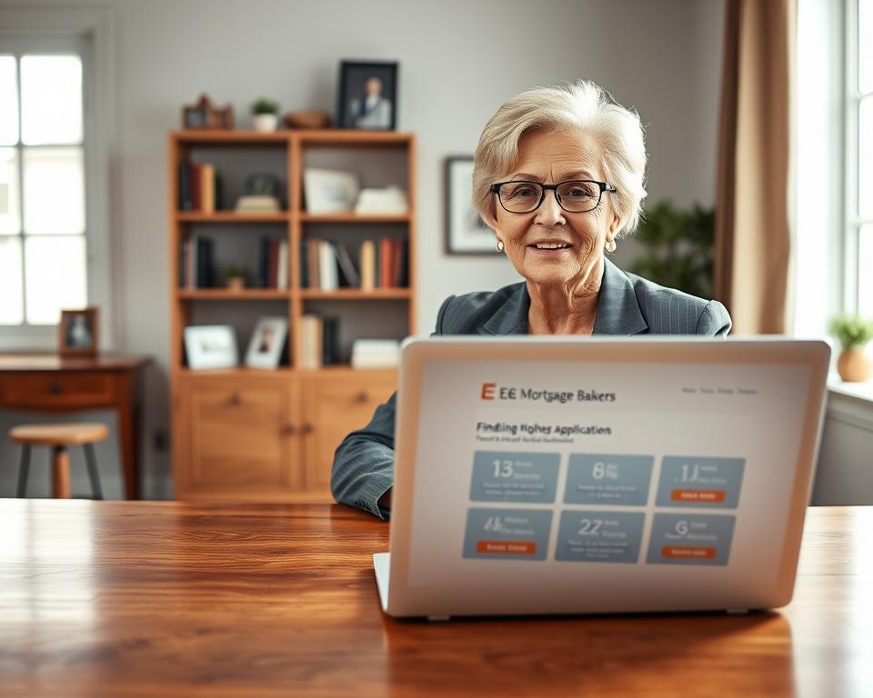 A warm and inviting scene of an elderly woman, around 70 years old, seated at a polished wooden desk in a bright, airy home office. She is dressed in professional business attire, reflecting a sense of confidence and determination. In the foreground, a laptop is open, displaying the E&E Mortgage Bankers website, showcasing options for mortgage applications. In the middle of the room, shelves filled with books and personal mementos add a touch of homeliness. The background features a large window with soft, natural light streaming in, illuminating the space and creating a welcoming atmosphere. The overall mood is optimistic and focused, embodying the theme of finding the right lender for home ownership at an elderly age.